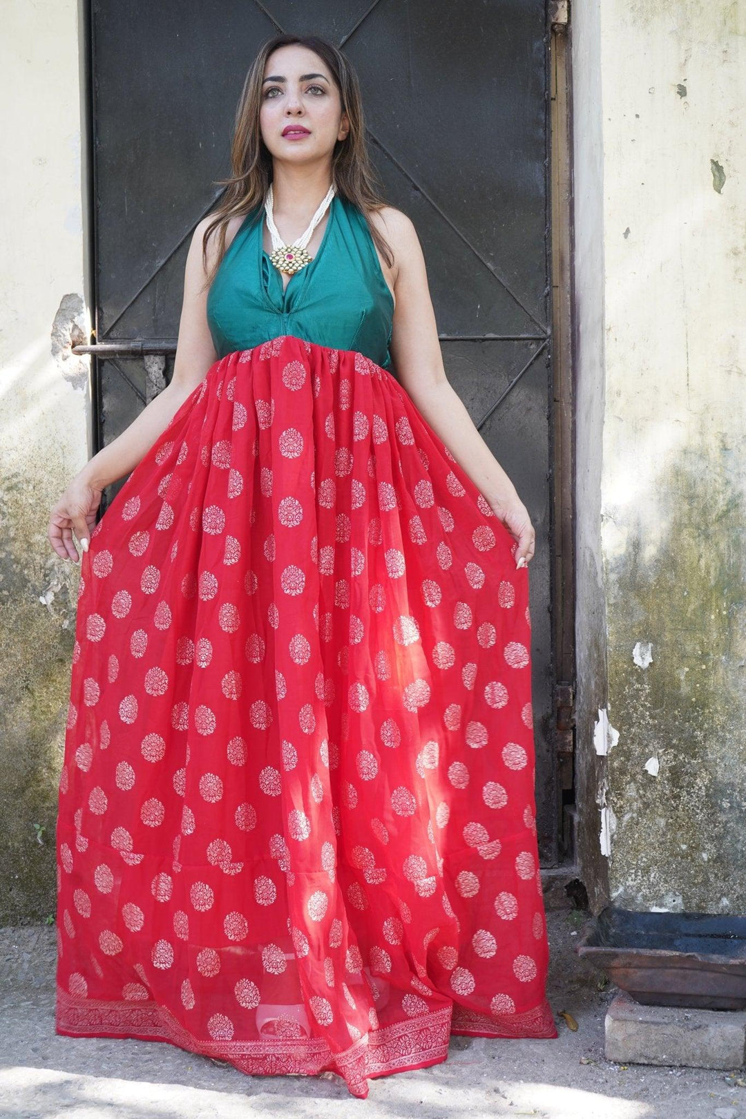 ‘Ruhani’-Brocade silk foil print Maxi - banjaratrail