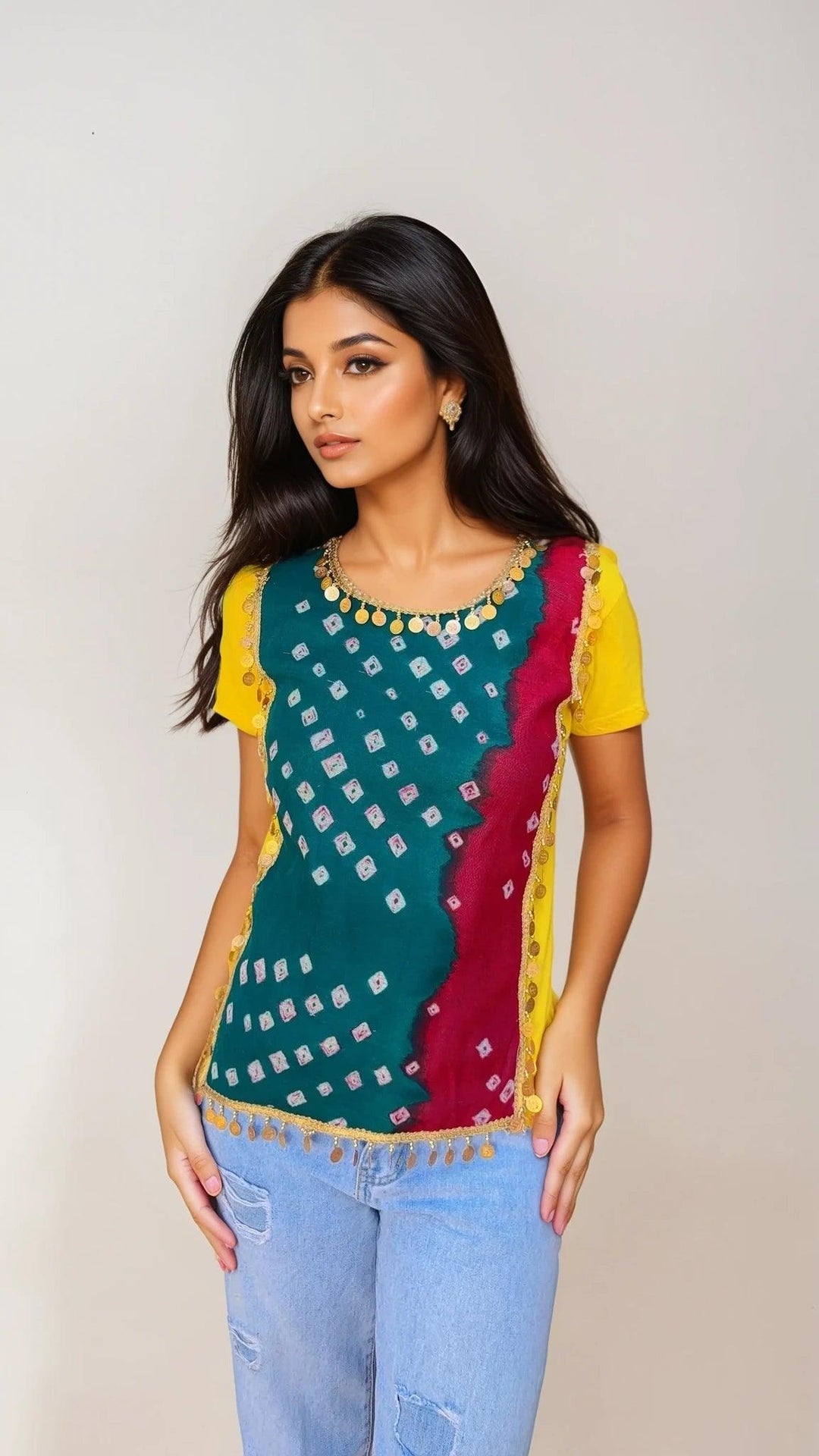 Sunset Bandhej Coin embellished Tee - banjaratrail