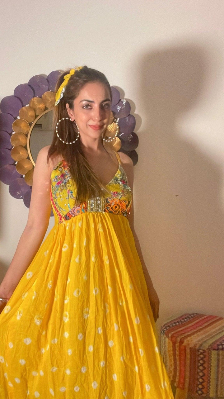 Sunset glow bandhini maxi dress yellow - banjaratrail