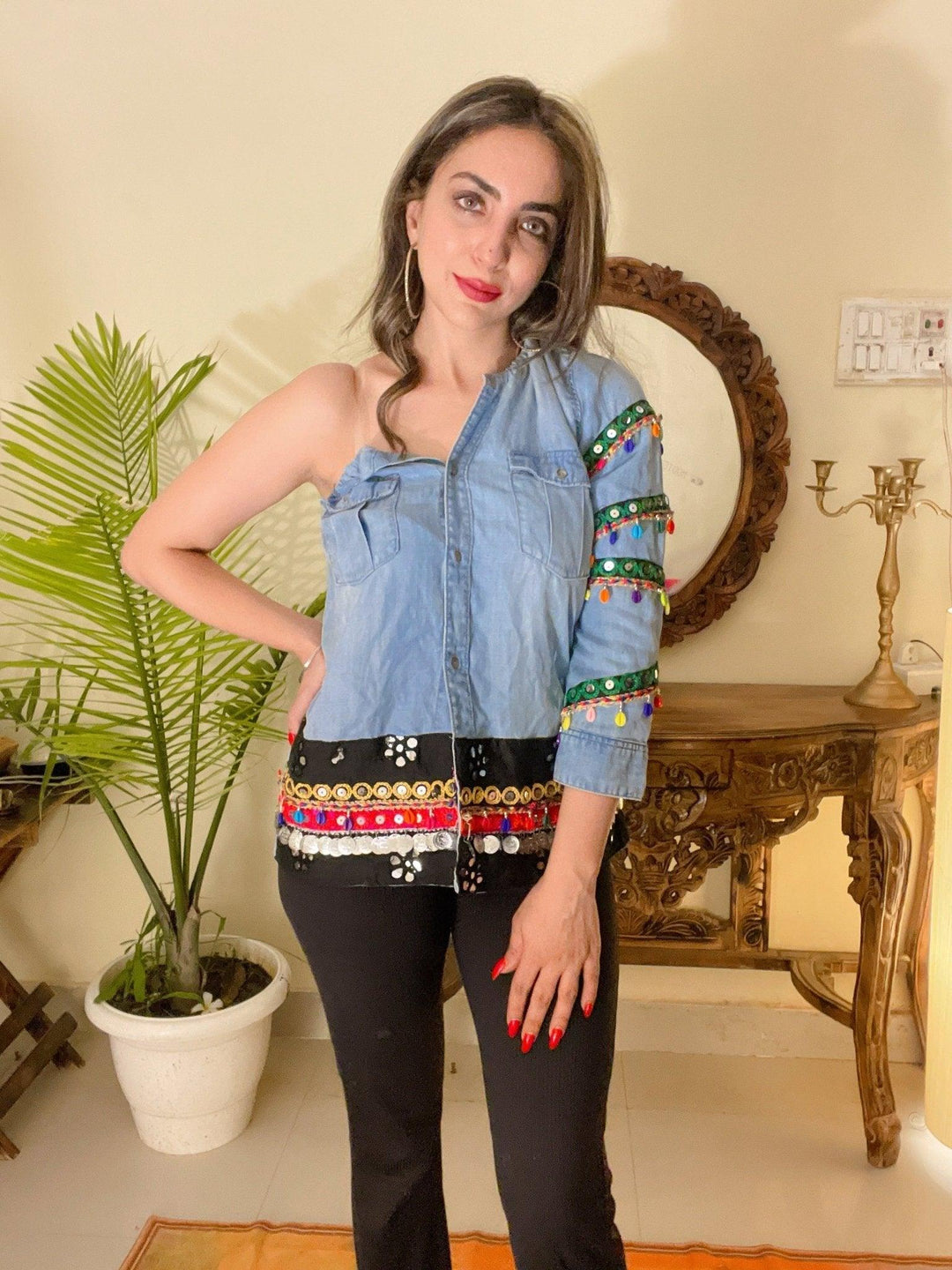 Too Glam - one shoulder Denim Shirt - banjaratrail